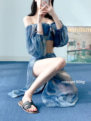 Jasmine Blue Dye Three-Piece Bikini Off-Shoulder Shirring Long Sleeve Cover-Up Long Swimsuit Resort Vacation Staycation Look