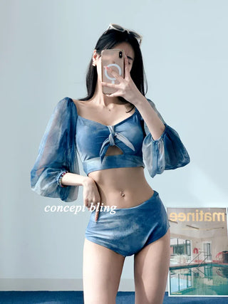Jasmine Blue Dye Three-Piece Bikini Off-Shoulder Shirring Long Sleeve Cover-Up Long Swimsuit Resort Vacation Staycation Look