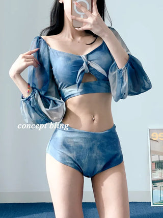 Jasmine Blue Dye Three-Piece Bikini Off-Shoulder Shirring Long Sleeve Cover-Up Long Swimsuit Resort Vacation Staycation Look