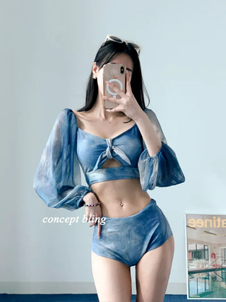 Jasmine Blue Dye Three-Piece Bikini Off-Shoulder Shirring Long Sleeve Cover-Up Long Swimsuit Resort Vacation Staycation Look