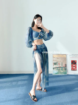 Jasmine Blue Dye Three-Piece Bikini Off-Shoulder Shirring Long Sleeve Cover-Up Long Swimsuit Resort Vacation Staycation Look