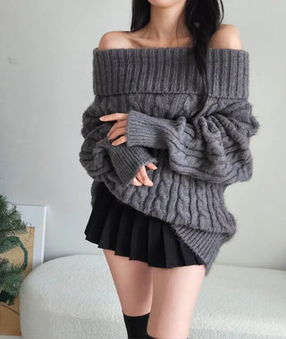 ❄️High-quality gray cable-knit off-shoulder dress thick delicate fluffy date look party look year-end look knit one-piece dress