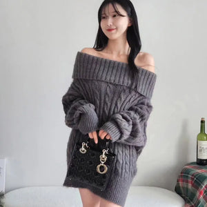 ❄️High-quality gray cable-knit off-shoulder dress thick delicate fluffy date look party look year-end look knit one-piece dress