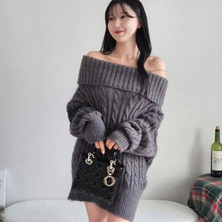 ❄️High-quality gray cable-knit off-shoulder dress thick delicate fluffy date look party look year-end look knit one-piece dress