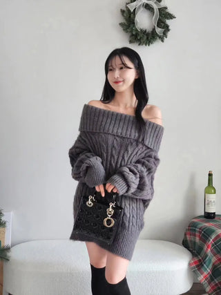 ❄️High-quality gray cable-knit off-shoulder dress thick delicate fluffy date look party look year-end look knit one-piece dress