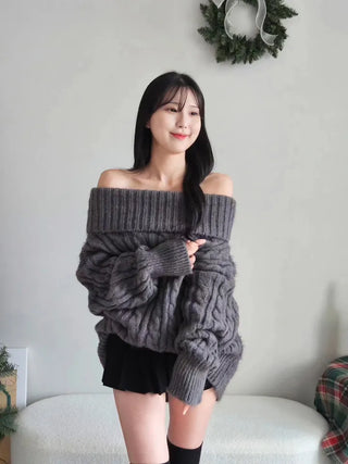 ❄️High-quality gray cable-knit off-shoulder dress thick delicate fluffy date look party look year-end look knit one-piece dress