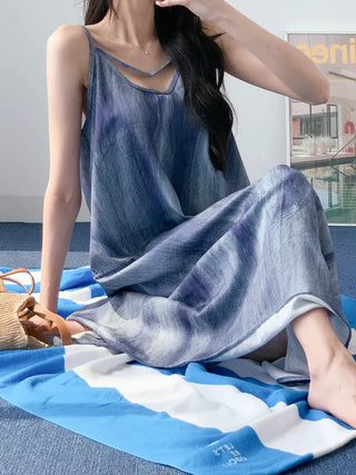 Gradient long one-piece dress with tie-dye resort vacation strap sleeveless nasi blue one-piece dress