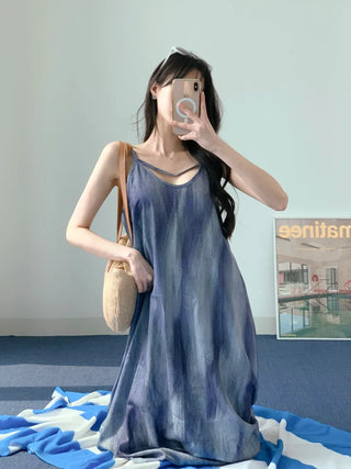 Gradient long one-piece dress with tie-dye resort vacation strap sleeveless nasi blue one-piece dress
