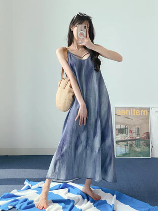 Gradient long one-piece dress with tie-dye resort vacation strap sleeveless nasi blue one-piece dress