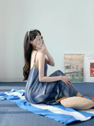 Gradient long one-piece dress with tie-dye resort vacation strap sleeveless nasi blue one-piece dress