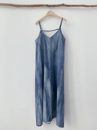 Gradient long one-piece dress with tie-dye resort vacation strap sleeveless nasi blue one-piece dress