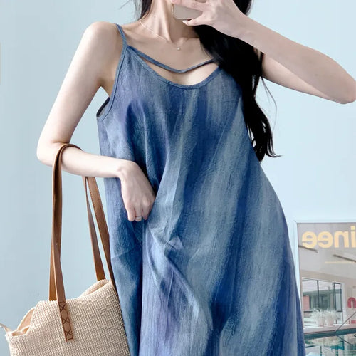 Gradient long one-piece dress with tie-dye resort vacation strap sleeveless nasi blue one-piece dress