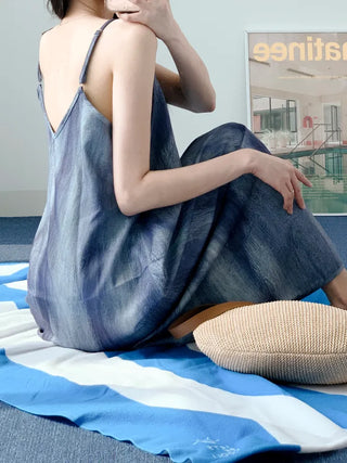 Gradient long one-piece dress with tie-dye resort vacation strap sleeveless nasi blue one-piece dress