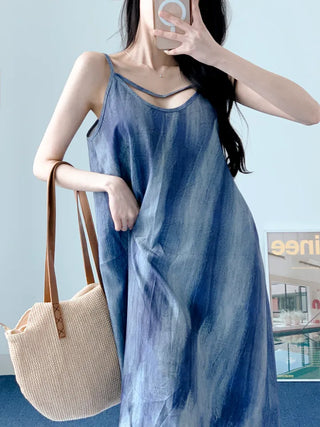 Gradient long one-piece dress with tie-dye resort vacation strap sleeveless nasi blue one-piece dress