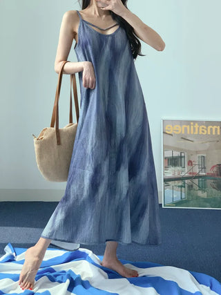 Gradient long one-piece dress with tie-dye resort vacation strap sleeveless nasi blue one-piece dress