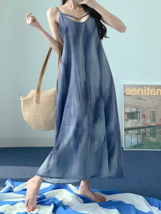 Gradient long one-piece dress with tie-dye resort vacation strap sleeveless nasi blue one-piece dress