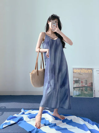 Gradient long one-piece dress with tie-dye resort vacation strap sleeveless nasi blue one-piece dress