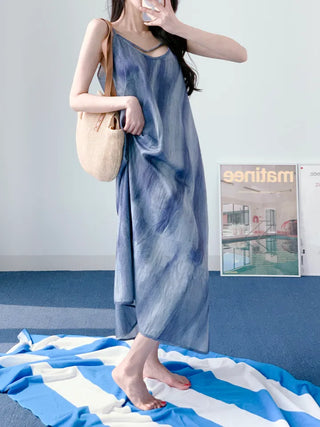 Gradient long one-piece dress with tie-dye resort vacation strap sleeveless nasi blue one-piece dress