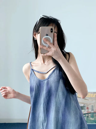 Gradient long one-piece dress with tie-dye resort vacation strap sleeveless nasi blue one-piece dress