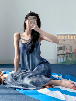 Gradient long one-piece dress with tie-dye resort vacation strap sleeveless nasi blue one-piece dress
