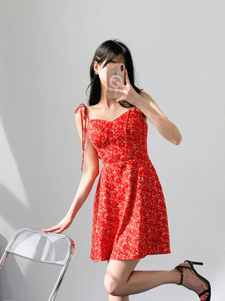 Red banding one-piece flower nasi string sleeveless resort vacation beach travel mini one-piece