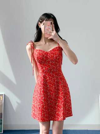 Red banding one-piece flower nasi string sleeveless resort vacation beach travel mini one-piece