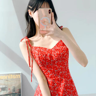 Red banding one-piece flower nasi string sleeveless resort vacation beach travel mini one-piece