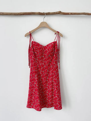 Red banding one-piece flower nasi string sleeveless resort vacation beach travel mini one-piece