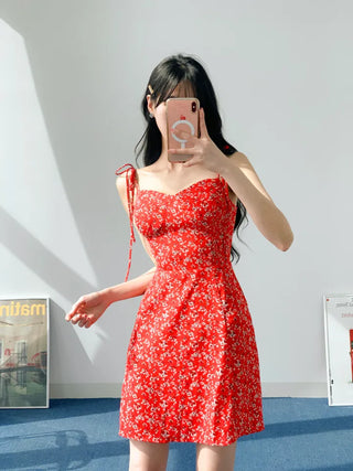 Red banding one-piece flower nasi string sleeveless resort vacation beach travel mini one-piece