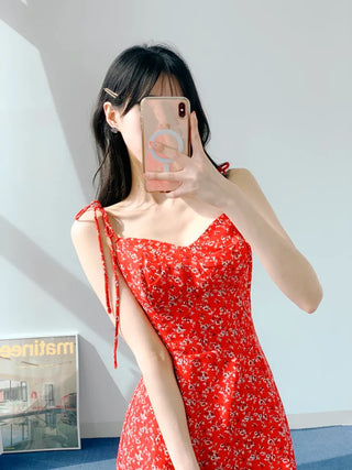 Red banding one-piece flower nasi string sleeveless resort vacation beach travel mini one-piece