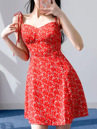 Red banding one-piece flower nasi string sleeveless resort vacation beach travel mini one-piece