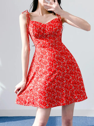 Red banding one-piece flower nasi string sleeveless resort vacation beach travel mini one-piece