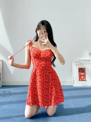 Red banding one-piece flower nasi string sleeveless resort vacation beach travel mini one-piece