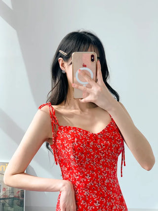 Red banding one-piece flower nasi string sleeveless resort vacation beach travel mini one-piece