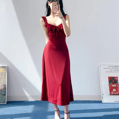 Resort long one-piece dress in wine ivory  sleeveless nasi string ribbon A-line