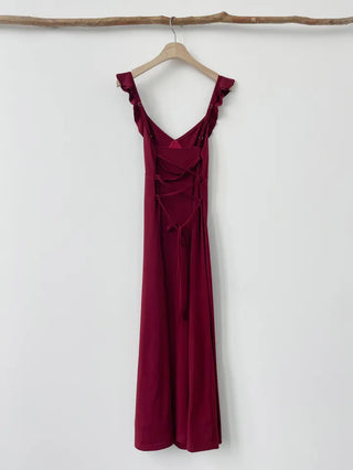 Resort long one-piece dress in wine ivory  sleeveless nasi string ribbon A-line