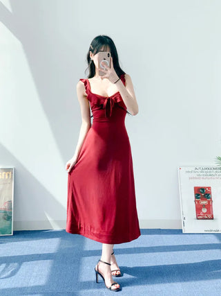 Resort long one-piece dress in wine ivory  sleeveless nasi string ribbon A-line