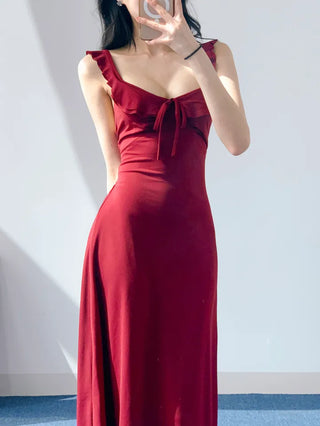 Resort long one-piece dress in wine ivory  sleeveless nasi string ribbon A-line