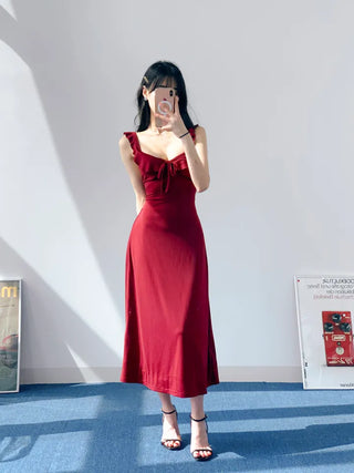 Resort long one-piece dress in wine ivory  sleeveless nasi string ribbon A-line