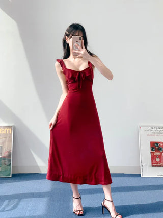 Resort long one-piece dress in wine ivory  sleeveless nasi string ribbon A-line