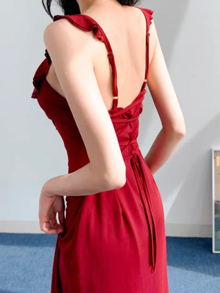 Resort long one-piece dress in wine ivory  sleeveless nasi string ribbon A-line