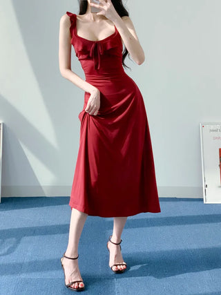 Resort long one-piece dress in wine ivory  sleeveless nasi string ribbon A-line