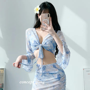 piece swimsuit sky blue wire 4pcs string belly cover body cover sky blue sky flower hook wire bikini swimsuit