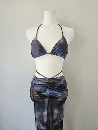 4pcs Blue Dye Bikini Pop-up Cardigan Long Skirt Included Resort Vacation Strap Swimsuit