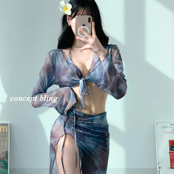 4pcs Blue Dye Bikini Pop-up Cardigan Long Skirt Included Resort Vacation Strap Swimsuit