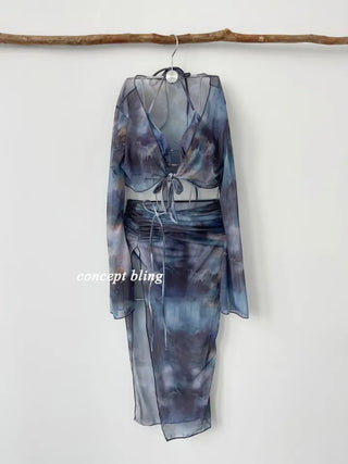 4pcs Blue Dye Bikini Pop-up Cardigan Long Skirt Included Resort Vacation Strap Swimsuit