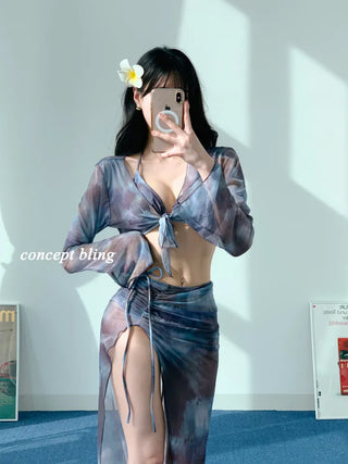 4pcs Blue Dye Bikini Pop-up Cardigan Long Skirt Included Resort Vacation Strap Swimsuit