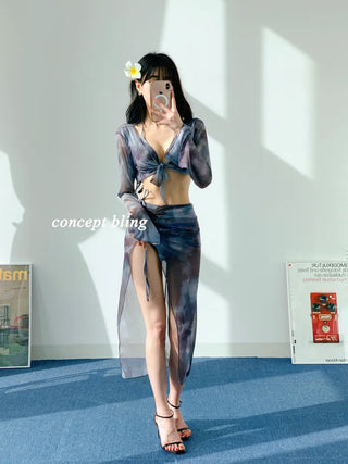 4pcs Blue Dye Bikini Pop-up Cardigan Long Skirt Included Resort Vacation Strap Swimsuit