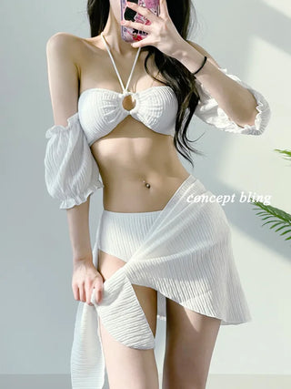 Off-shoulder piece bikini with wrap skirt white and pink short-sleeved swimsuit