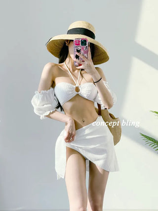 Off-shoulder piece bikini with wrap skirt white and pink short-sleeved swimsuit